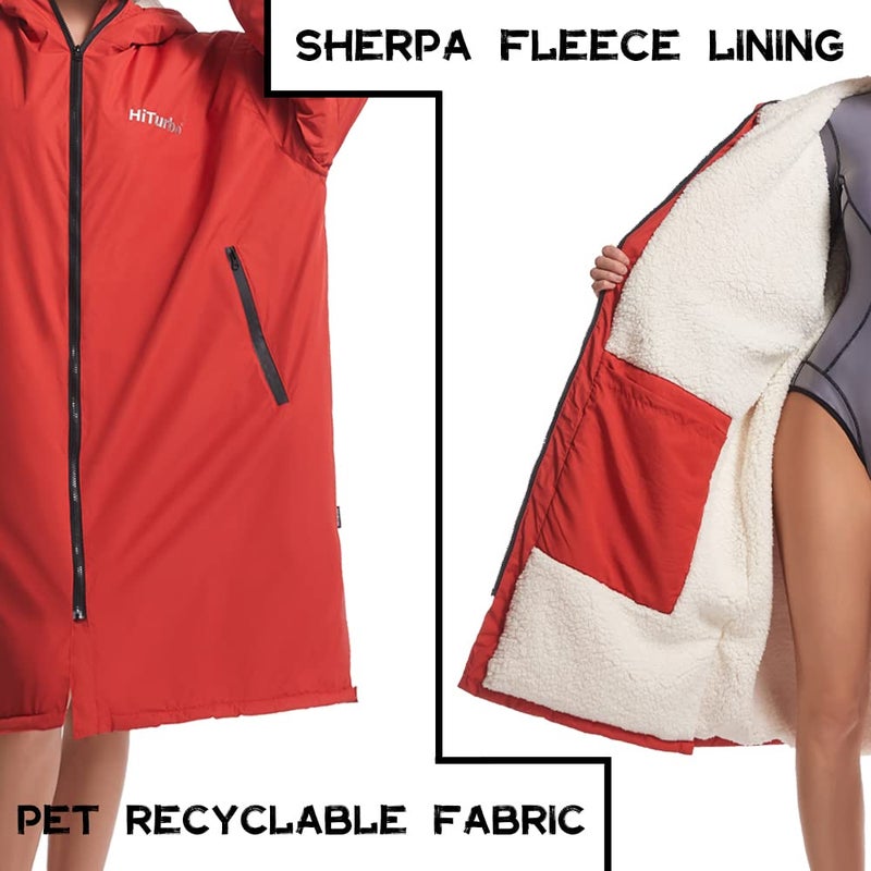 Hiturbo Warm Waterproof Swim Parka: Oversized Hooded Changing Robe - Sherpa Liner Swimming Coat - Recycled Fabric Surf Poncho (Red) - Image 3